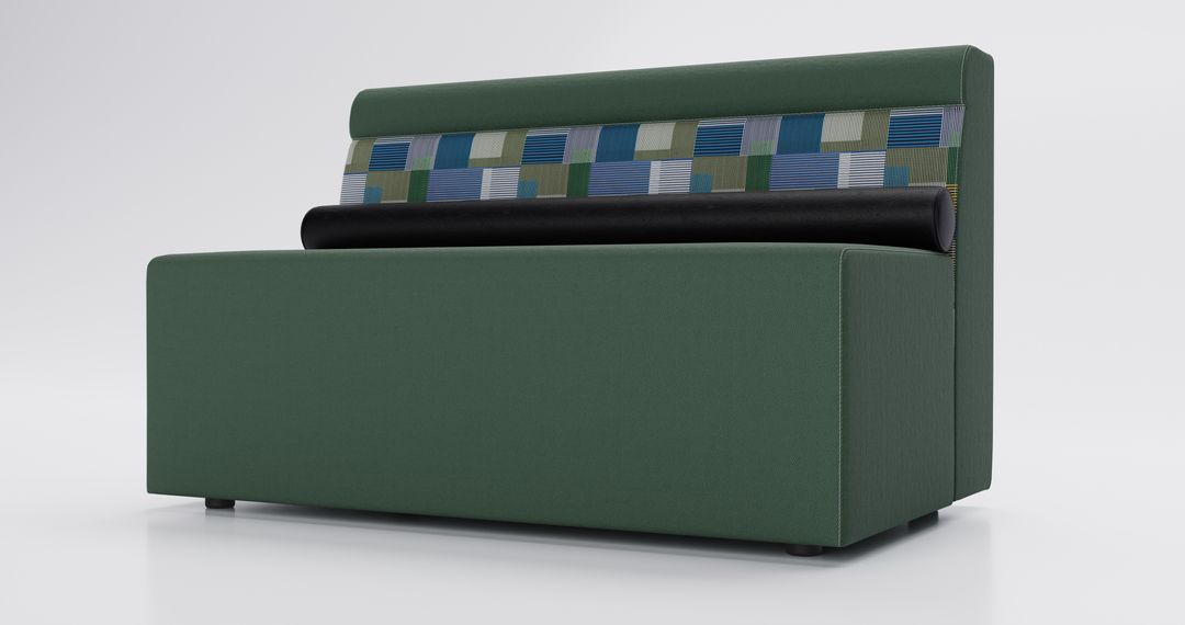 Green two-seat sofa with a patterned upholstered top rail
