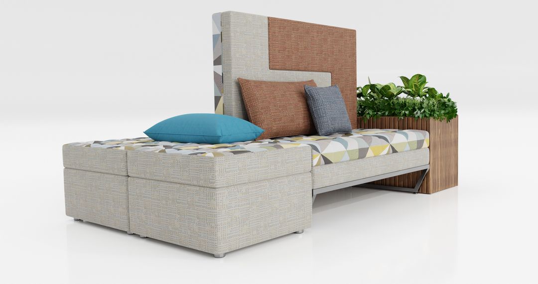 Cream modular seating with a tall upholstered back panel and planter