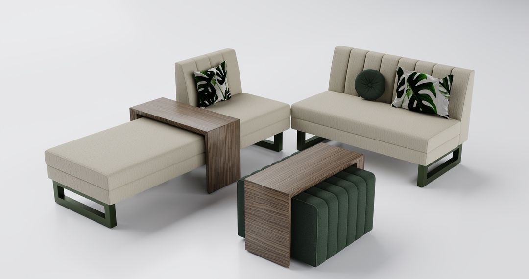 Cream and green modular lounge set with an attached table and ottoman