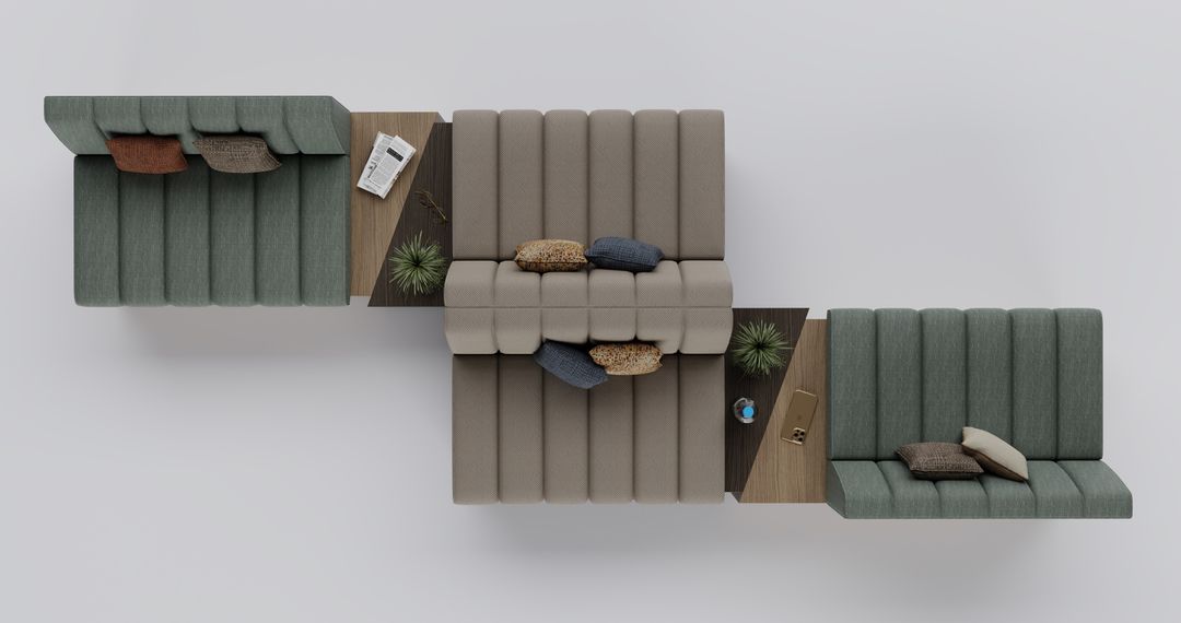 Overhead view of a modular seating group with tables and planters