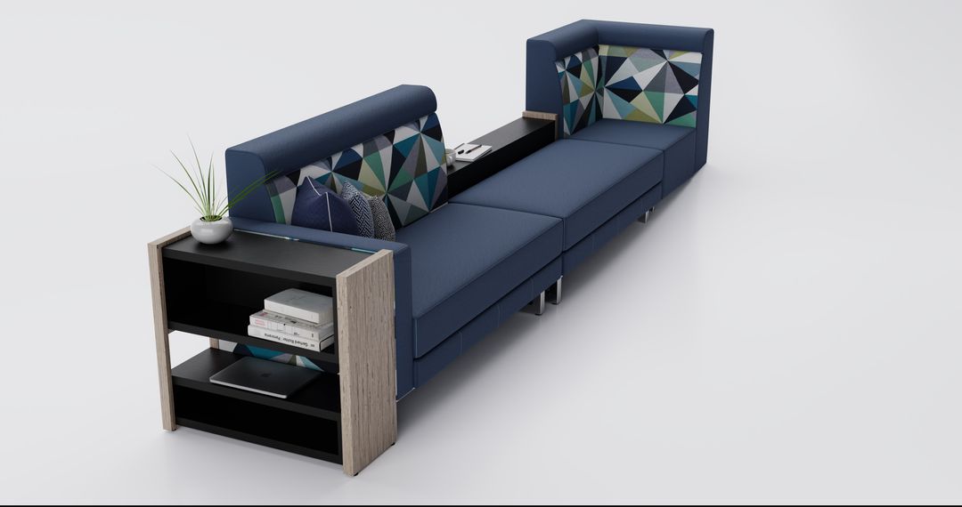 Navy modular sofa with a patterned back and an integrated shelf unit